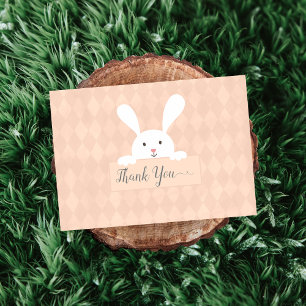 White Bunny Baby Shower Coral Argyle Thank You Card