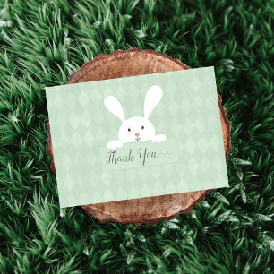White Bunny Baby Shower Green Argyle Thank You Card
