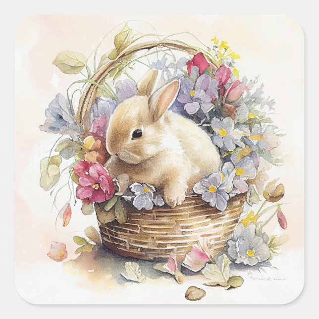 White Bunny Basket Pink Purple Flowers Easter  Square Sticker (Front)