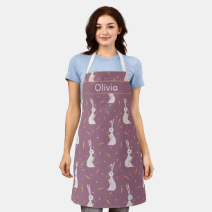 White Bunny Carrots & Custom Name on Purple Apron