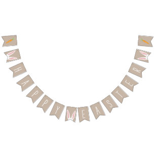 White Bunny Ears And Carrots Happy Easter Beige Bunting Flags