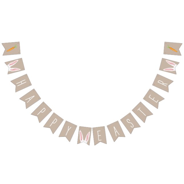 White Bunny Ears And Carrots Happy Easter Beige Bunting Flags (All)