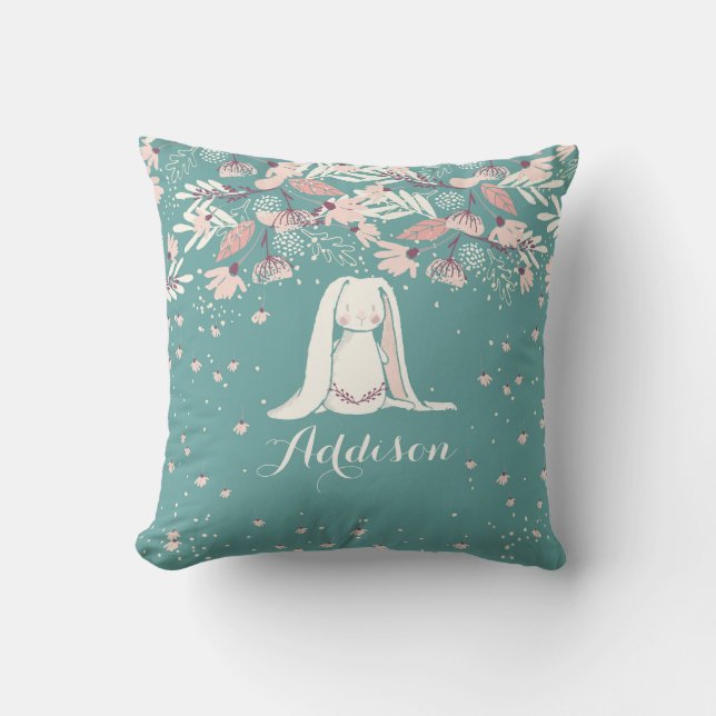 White Bunny & Flowers | Custom Name Throw Pillow (Front)