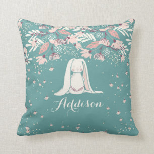 White Bunny & Flowers   Custom Name Throw Pillow