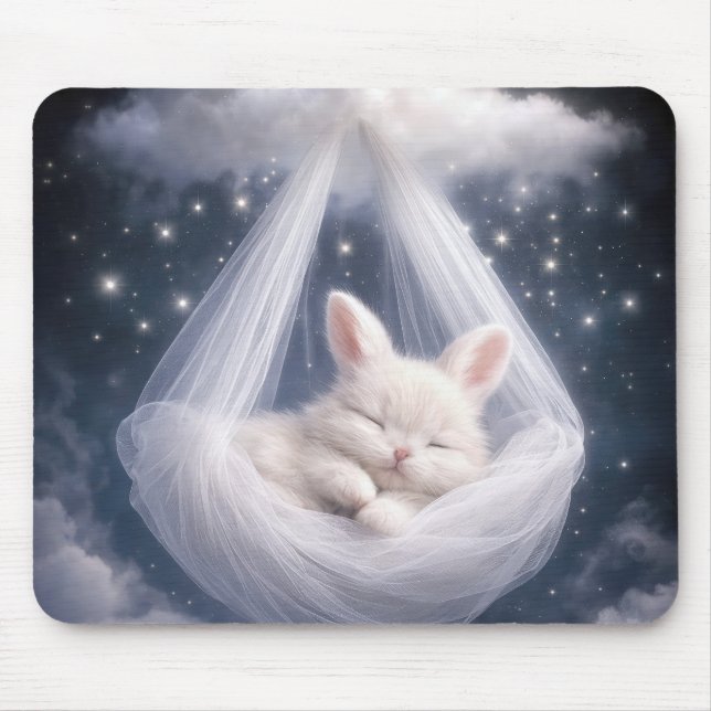 White Bunny Hanging from a Tulle Hammock Mouse Pad (Front)