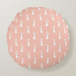 White Bunny Happy Easter Girly Pink Pastel Spring Round Pillow