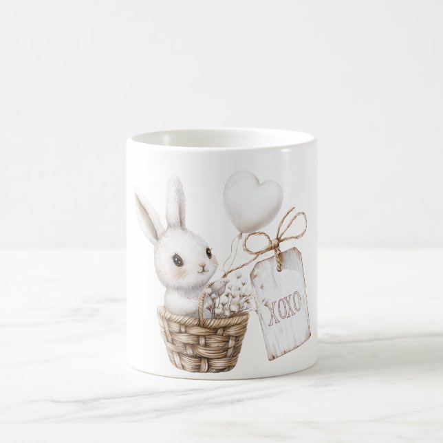 White Bunny Hearts in a Basket Baby Shower XOXO Coffee Mug (Center)