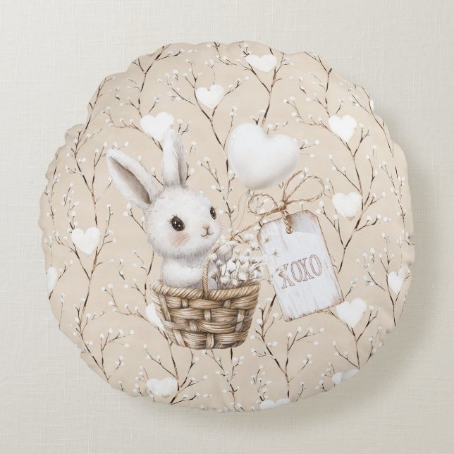 White Bunny Hearts in a Basket Baby Shower XOXO Round Pillow (Front)