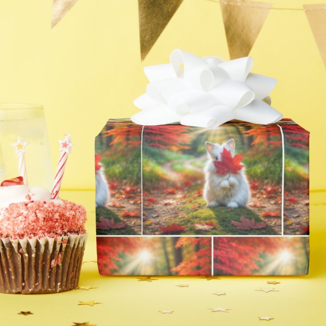 White Bunny Hiding Behind a Red Maple Leaf Wrapping Paper (Birthday Party)