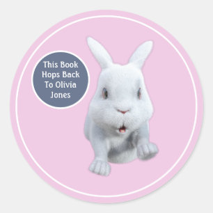 White Bunny Hops Back Custom Bookplate Classic Round Sticker