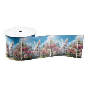 White Bunny In a Spring Garden Satin Ribbon