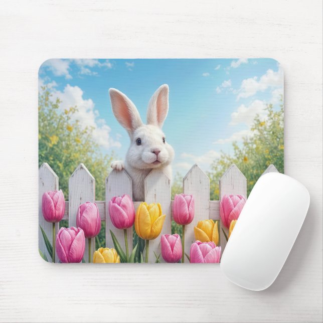 White Bunny In a Tulip Garden Mouse Pad (With Mouse)