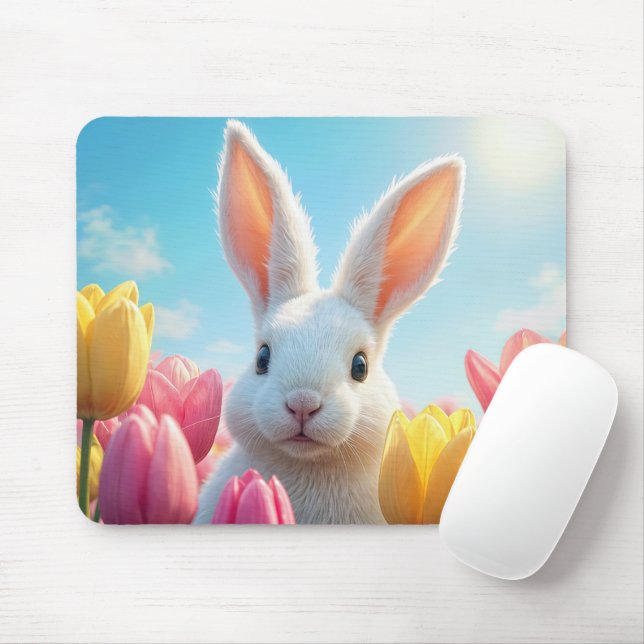 White Bunny In a Tulip Garden Mouse Pad (With Mouse)