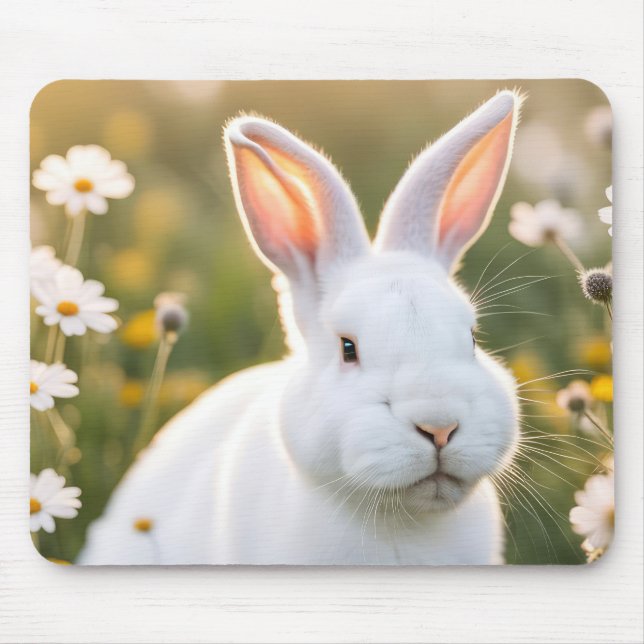 White Bunny In Daisies Mouse Pad (Front)