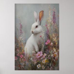 White Bunny in Wildflowers Art Pastel Rabbit Poster