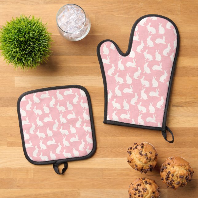 White Bunny Pattern On Blush Pink Adorable Easter Oven Mitt & Pot Holder Set (Top Down)