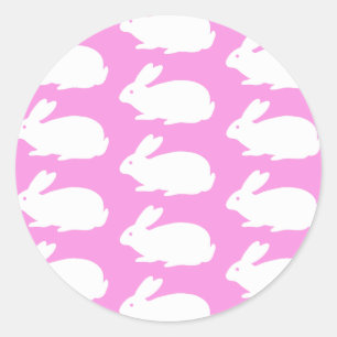 White Bunny Pattern On Pink Classic Round Sticker