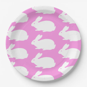 White Bunny Pattern On Pink Paper Plate