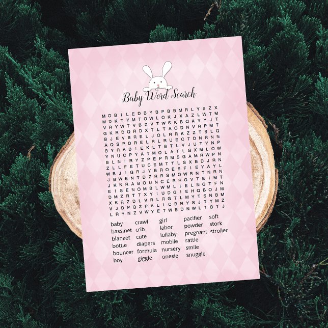 White Bunny Pink Argyle Baby Word Search Game Invitation (Creator Uploaded)