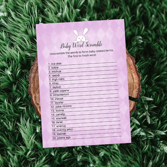 White Bunny Purple Argyle Baby Word Scramble Game Invitation (Creator Uploaded)