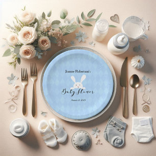 White Bunny Rabbit Baby Shower   Baby Blue Argyle Paper Plate