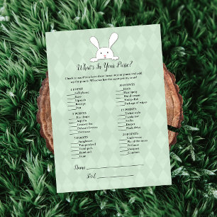 White Bunny Rabbit Green What's In Your Purse Game Invitation