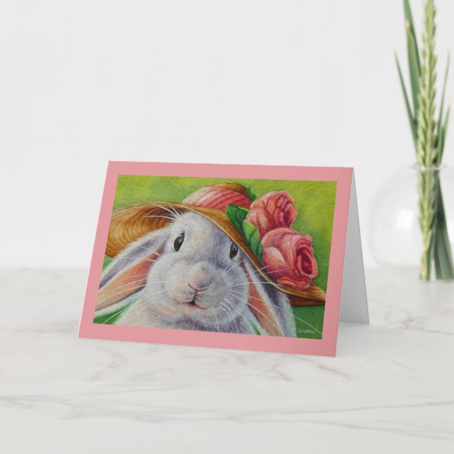 White Bunny Rabbit in Spring Bonnet Watercolor Art Card (Front)