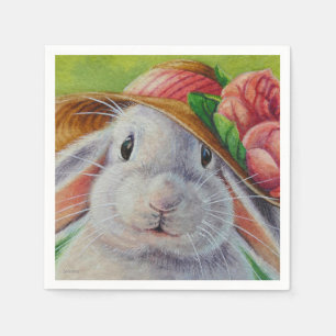 White Bunny Rabbit in Spring Bonnet Watercolor Art Napkin