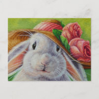 White Bunny Rabbit in Spring Bonnet Watercolor Art
