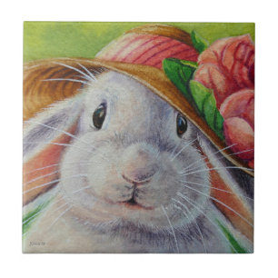 White Bunny Rabbit in Spring Bonnet Watercolor Art Tile