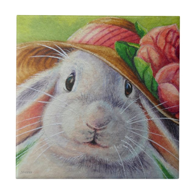 White Bunny Rabbit in Spring Bonnet Watercolor Art Tile (Front)