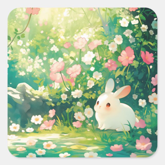 White Bunny Rabbit Under Pink Cherry Blossom Tree Square Sticker (Front)