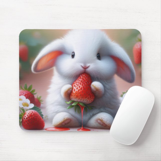White Bunny With Juicy Strawberry Mouse Pad (With Mouse)