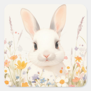 White Bunny with Pink Nose in Spring Wildflower Square Sticker