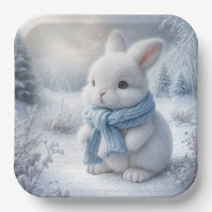 White Bunny With Winter Scarf Paper Plate