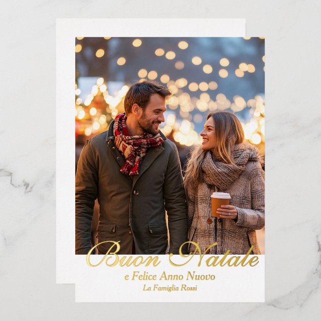 White Buon Natale e Felice Anno Nuovo Script Photo Foil Holiday Card (Front/Back)