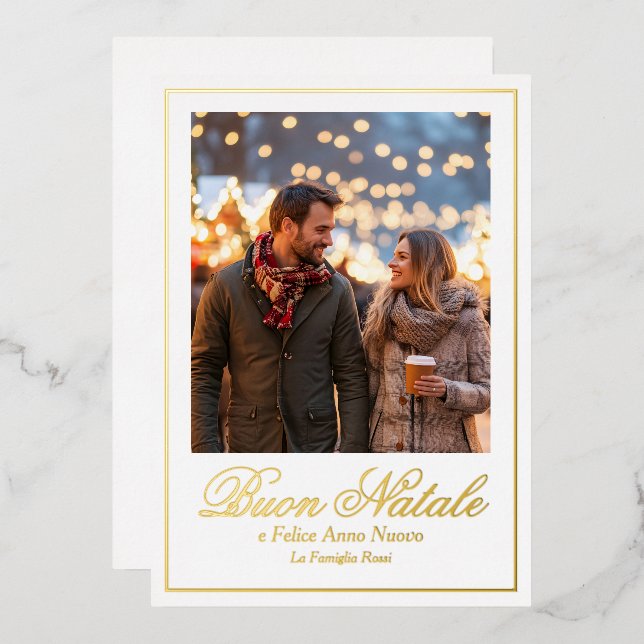 White Buon Natale e Felice Anno Nuovo Script Photo Foil Holiday Card (Front/Back)