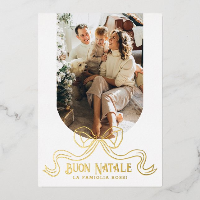 White Buon Natale Simple Modern Coquette Bow Photo Foil Holiday Card (Front)