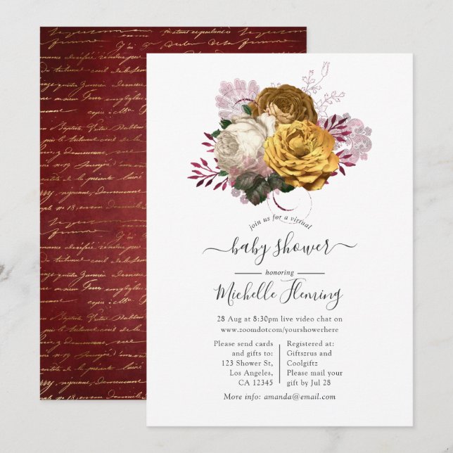 White Burgundy and Gold Floral Baby Shower Invitation (Front/Back)