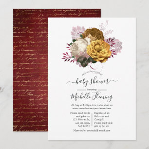 White Burgundy and Gold Floral Baby Shower Invitation