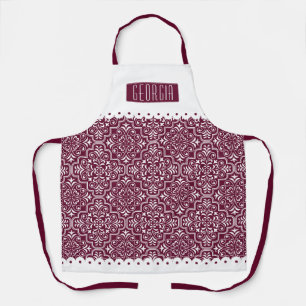 White, burgundy damask pattern scalloped borders apron
