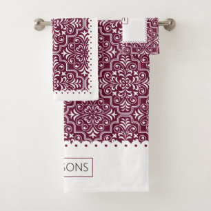 White burgundy damask pattern scalloped borders bath towel set