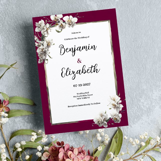 White burgundy gold tropical orchid floral Wedding Invitation (White burgundy gold tropical orchid floral)