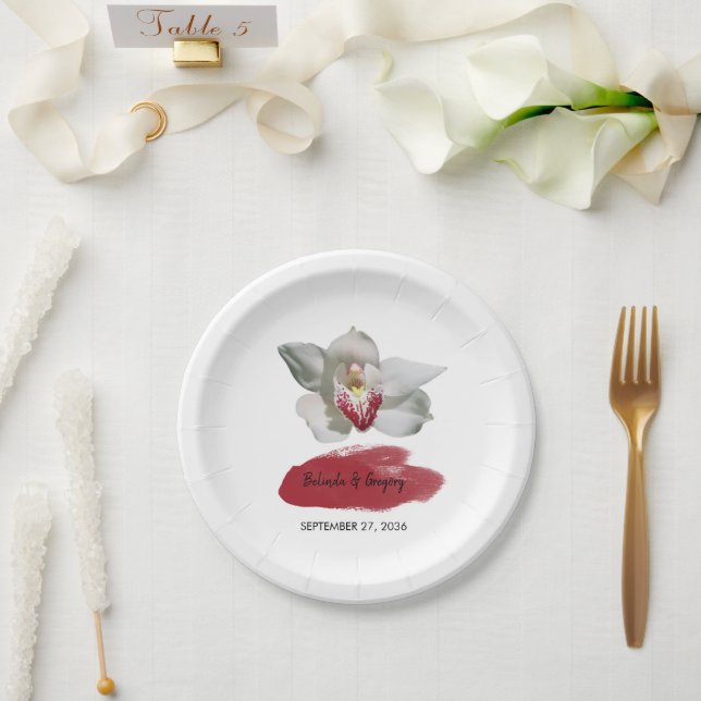 White Burgundy Orchid Wedding  Paper Plate (Wedding)