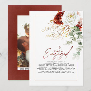 White Burgundy Red Floral Engagement Party Photo Invitation