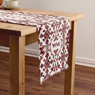 White Burgundy Royal Damask Monogram Medium Table Runner