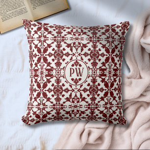 White Burgundy Royal Damask Monogram Throw Pillow