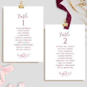 White, Burgundy Seating Plan Cards w/ Guest Names