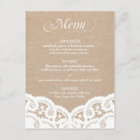 White Burlap Lace Doily Wedding Menu