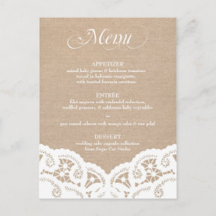 White Burlap Lace Doily Wedding Menu Postcard